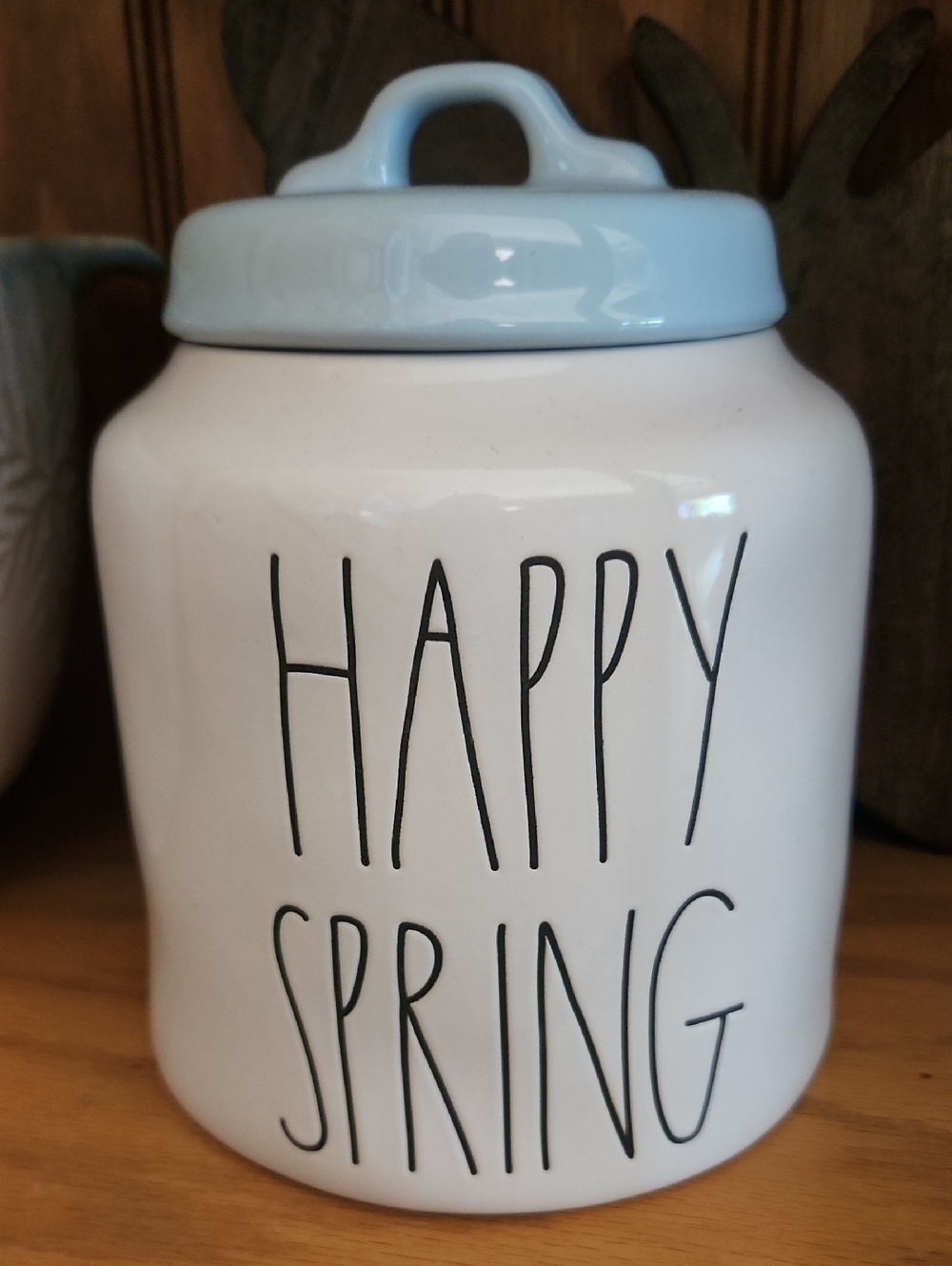 Rae Dunn Happy Spring Ceramic Canister with Light Blue Lid